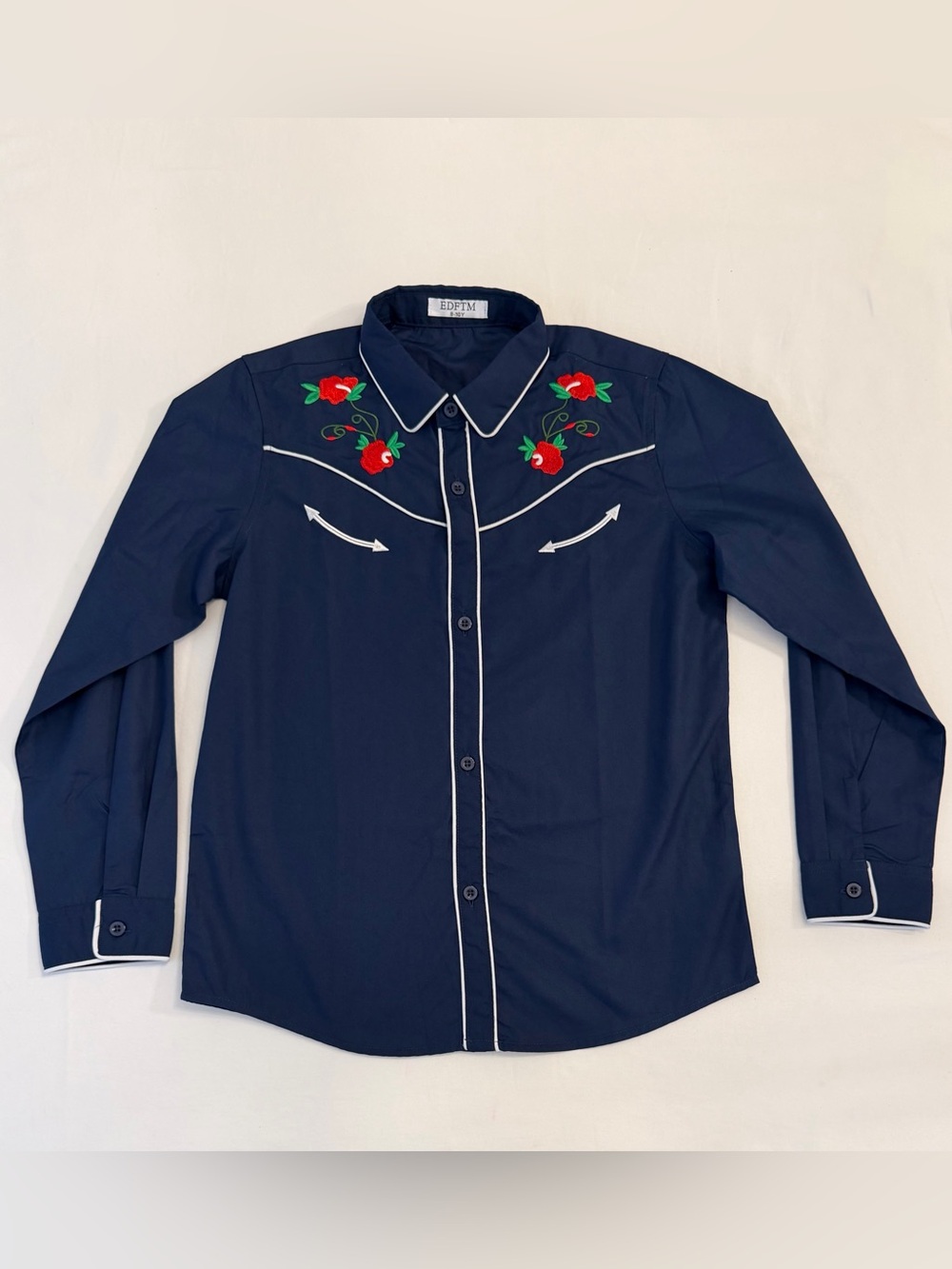 Navy Western Long Sleeve Button-Down Shirt with Red Rose Embroidery Size 9/10
